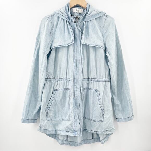 JACK BY BB DAKOTA Jacket Small Chambray Hi-Low Hooded Zip Up Lightweight Casual - Picture 3 of 16